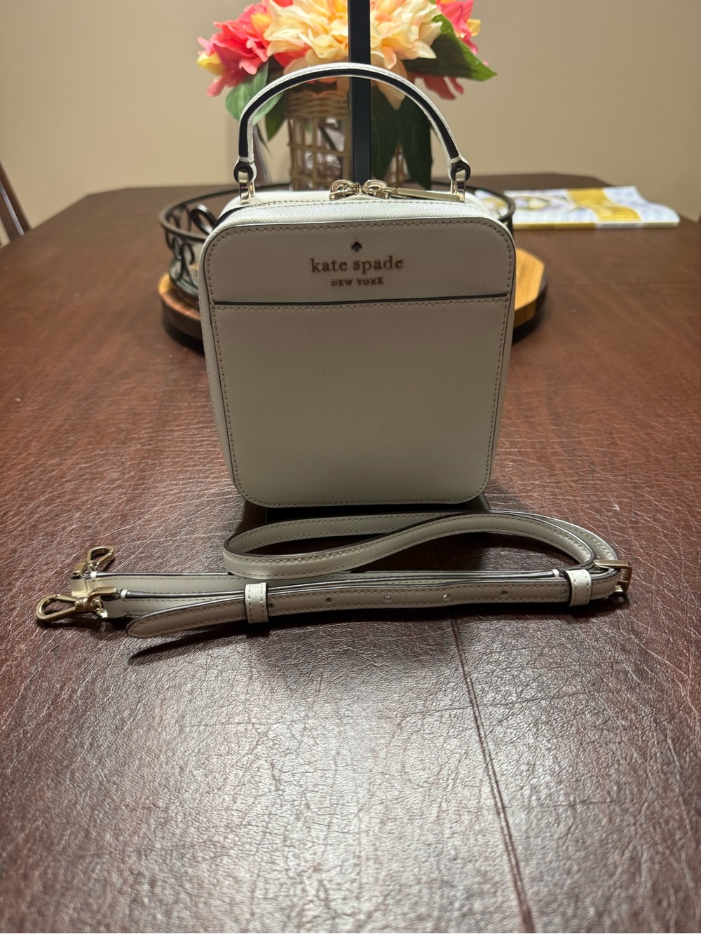 Kate Spade White Saffiano Leather Staci Square Crossbody Bag